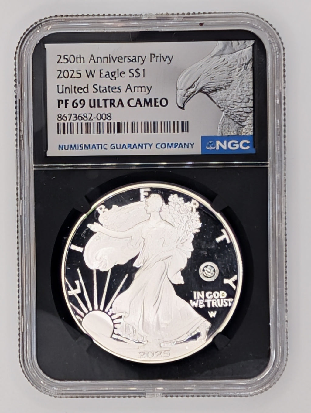 2025-W American Silver Eagle — 250th Anniversary U.S. Army Privy — NGC PF69