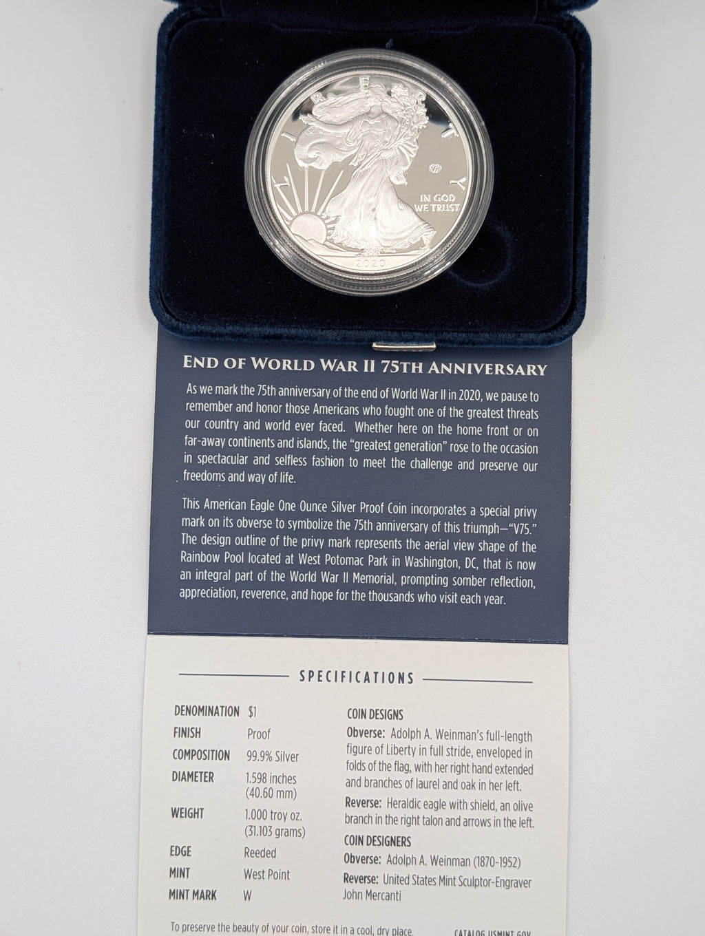 2020-W American Silver Eagle — V75 WWII 75th Anniversary Privy (OGP)
