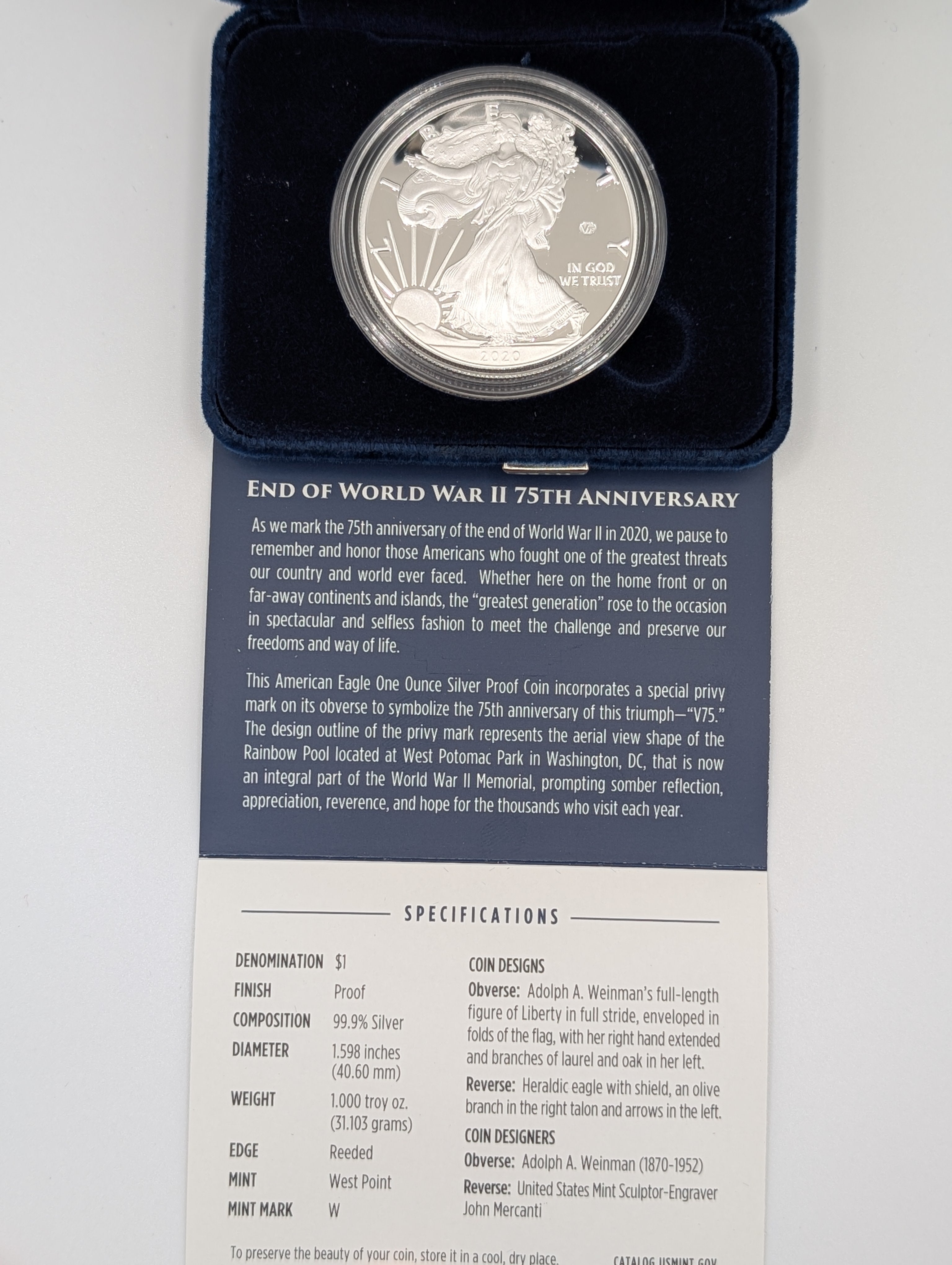 2020-W American Silver Eagle — V75 WWII 75th Anniversary Privy (OGP)