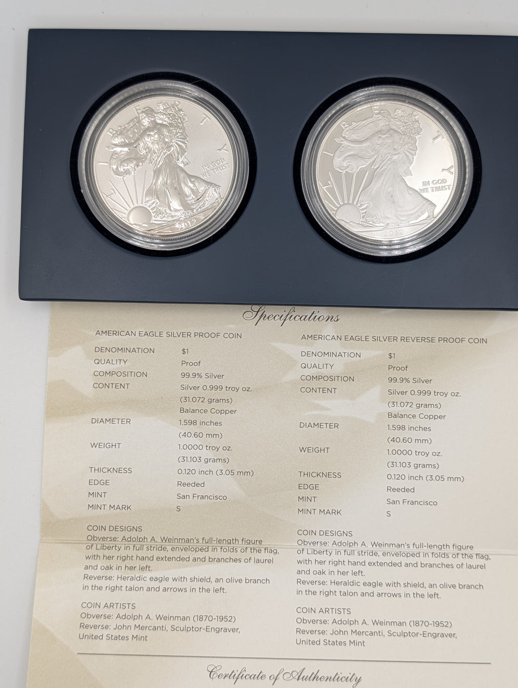 2012-S American Silver Eagle — San Francisco Reverse Proof & Proof (OGP) 2-Coin Set