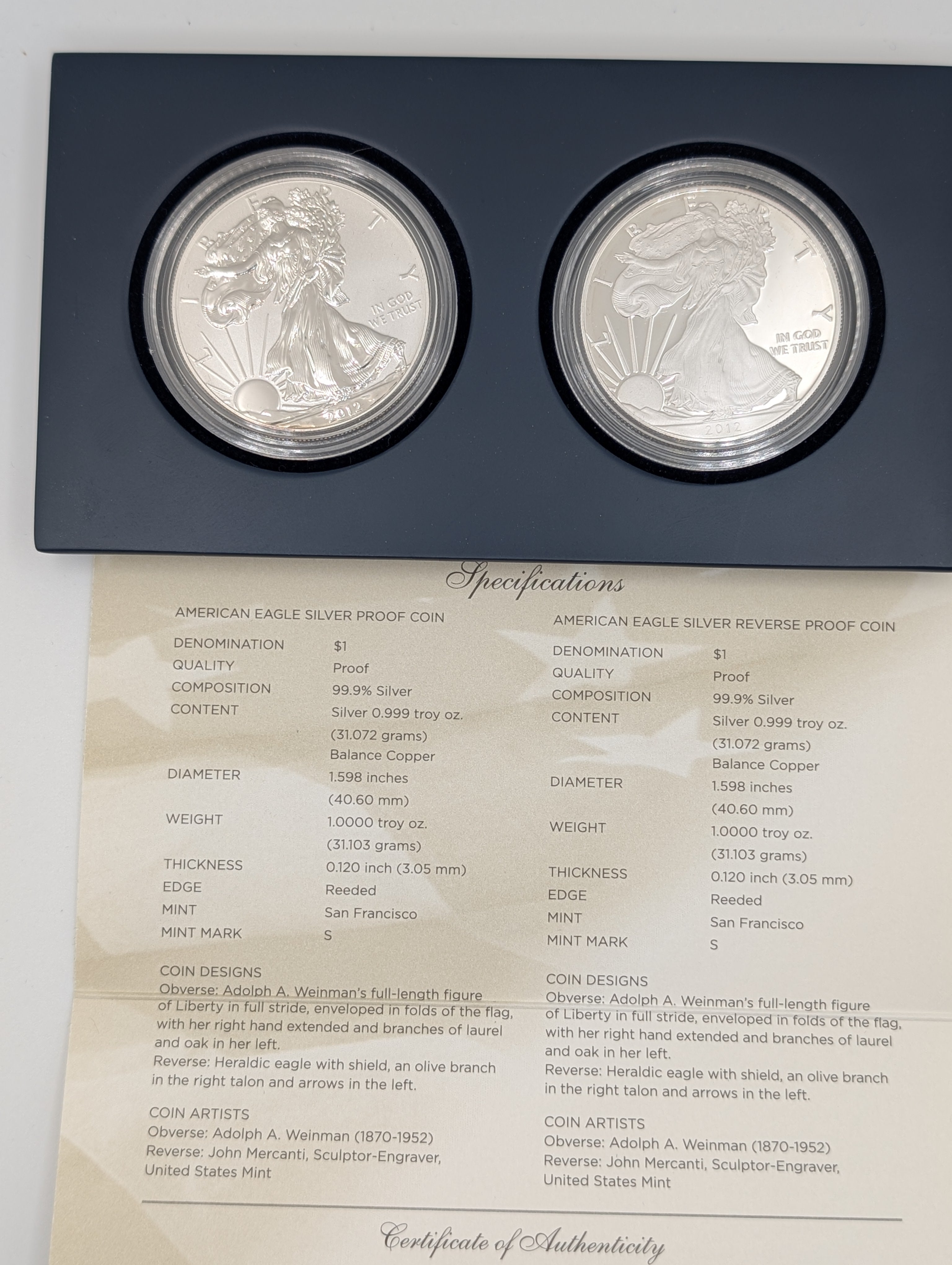 2012-S American Silver Eagle — San Francisco Reverse Proof & Proof (OGP) 2-Coin Set